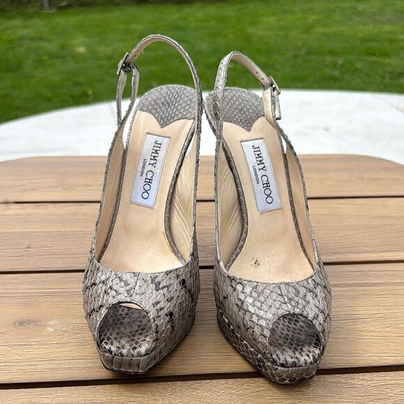 Jimmy Choo women Gray beige platform python Snakeskin strappy sexy Heels 37.5! - Picture 1 of 12